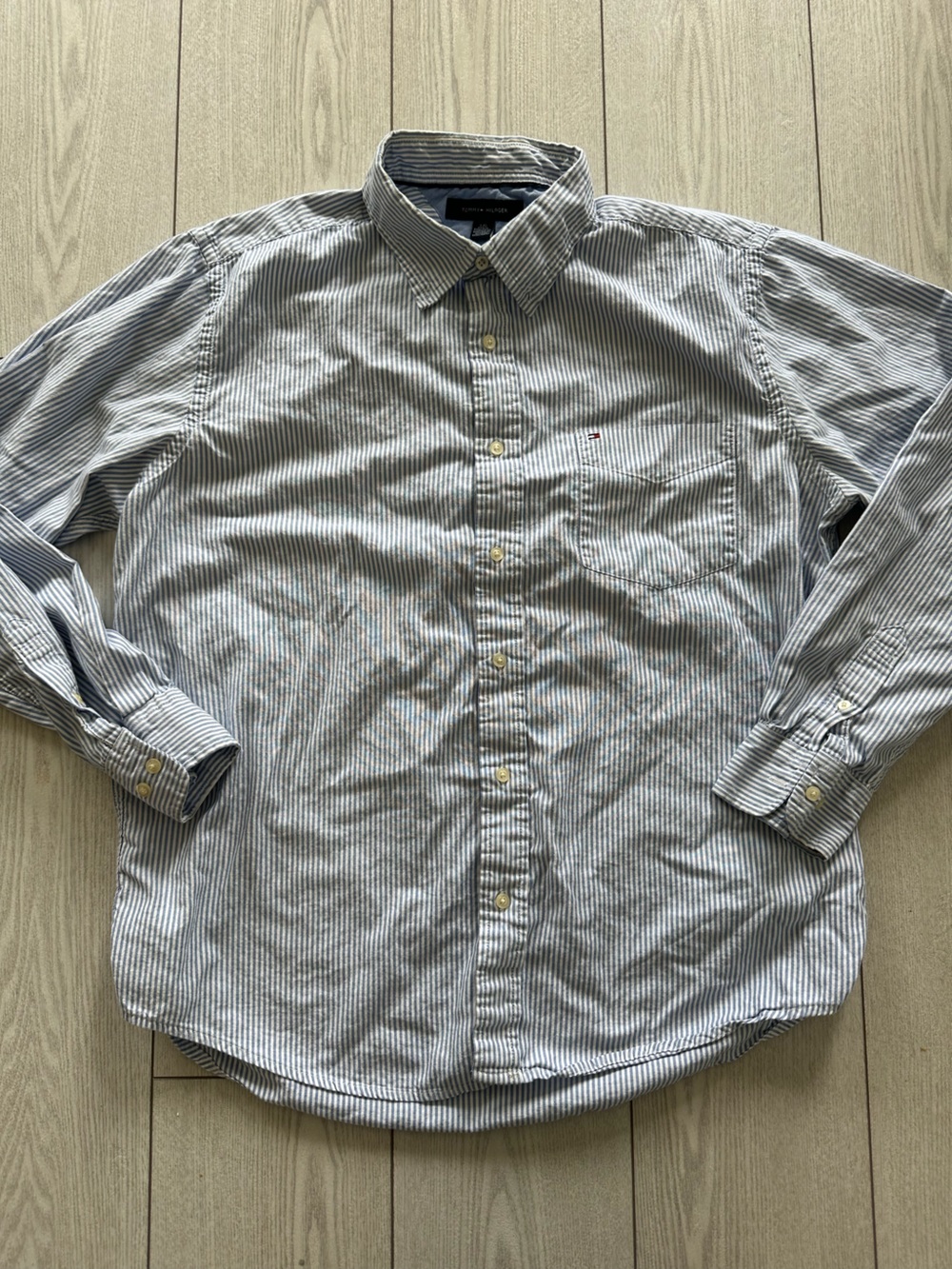 Tommy Hilfiger Blue and White Striped Button-Down Shirt Large
